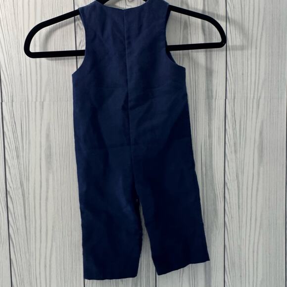 Vintage Navy Toddler Embroidered Trains Baby Overalls Boys Size 12 Mos USA - Picture 2 of 7